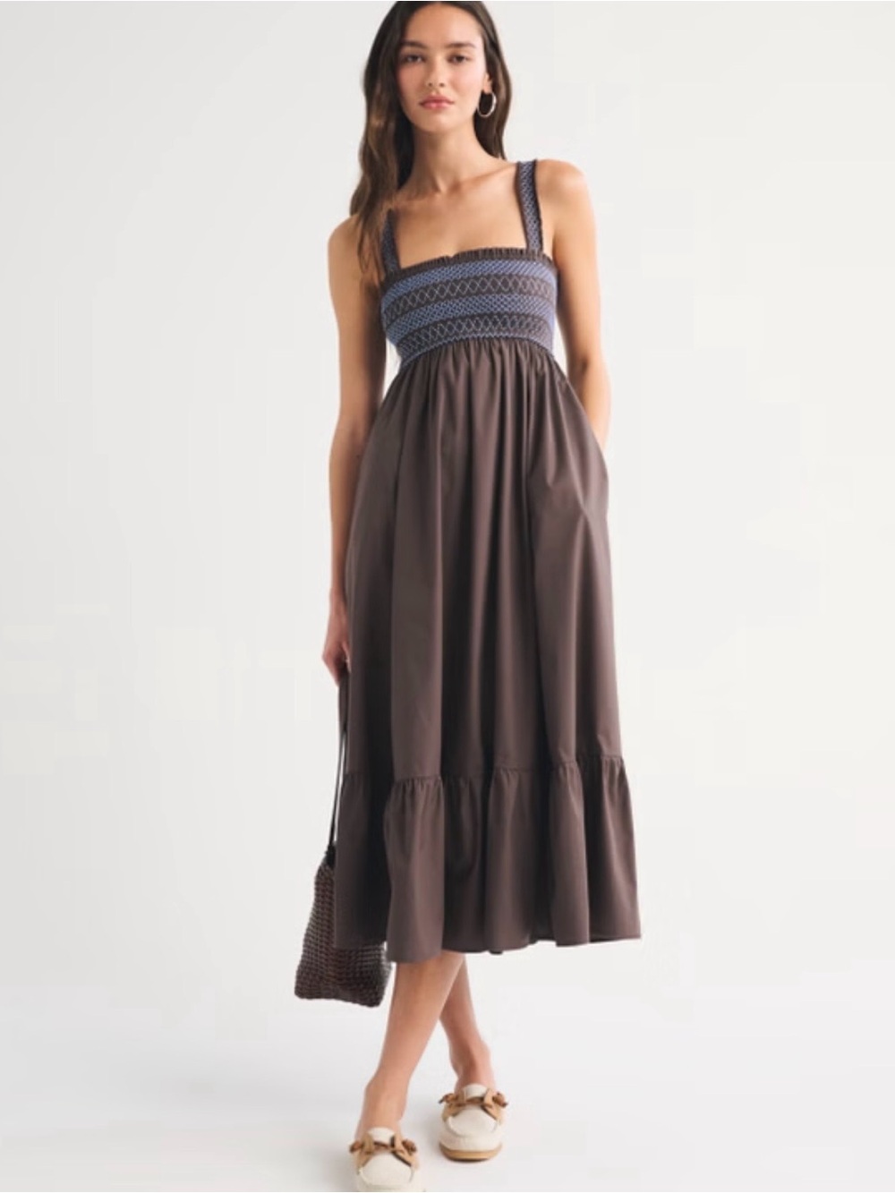 Abercrombie & Fitch Brown Maxi Dress with Blue Smocked Bodice